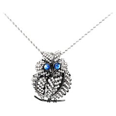 Diamond Sapphire 18k Gold Rhodium Owl Pendant Necklace
