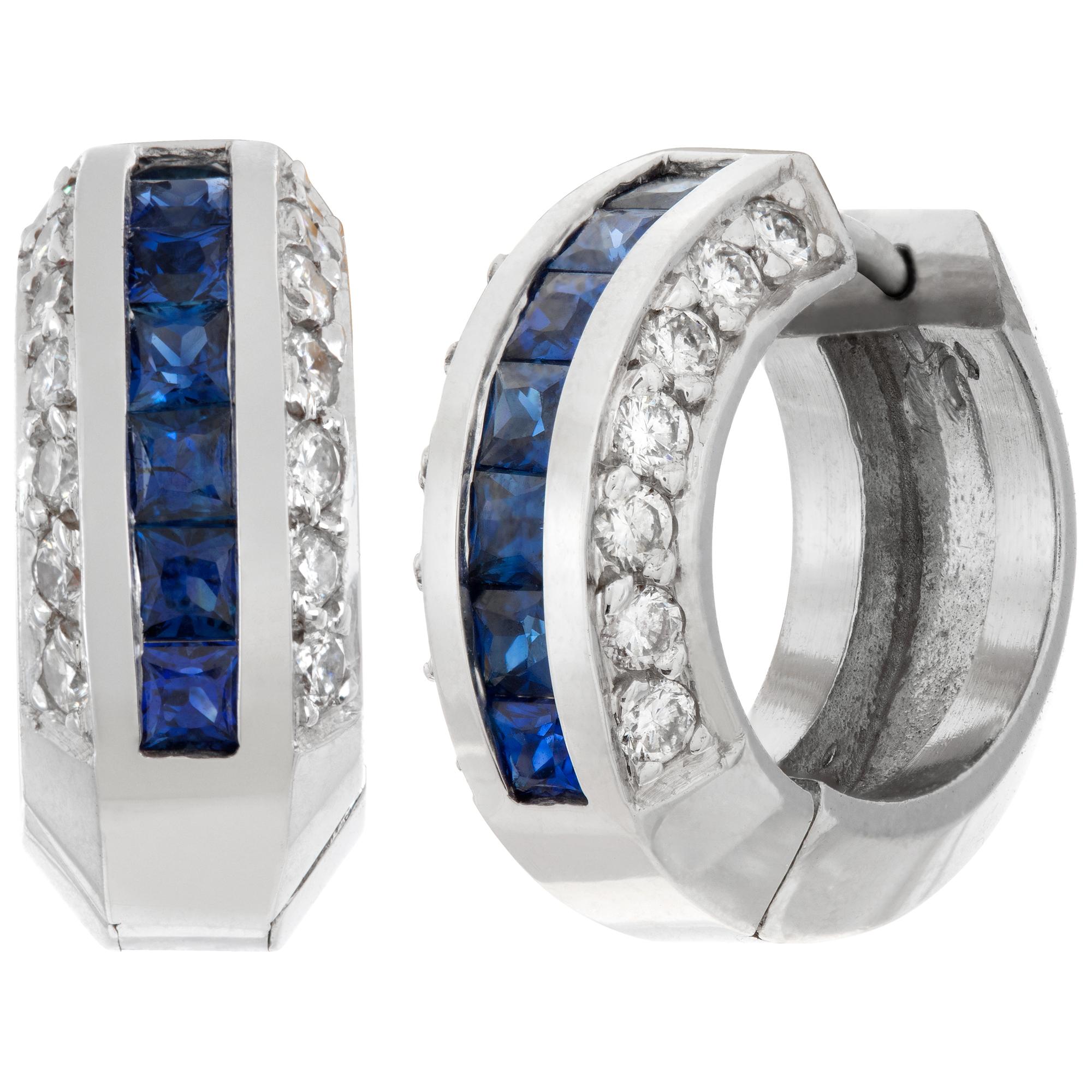 Diamond & sapphire huggie earrings in 18k white gold, approx. 0.30 cts in square cut sapphires & 0.30 carats in diamonds. 15mm long x 6mm wide