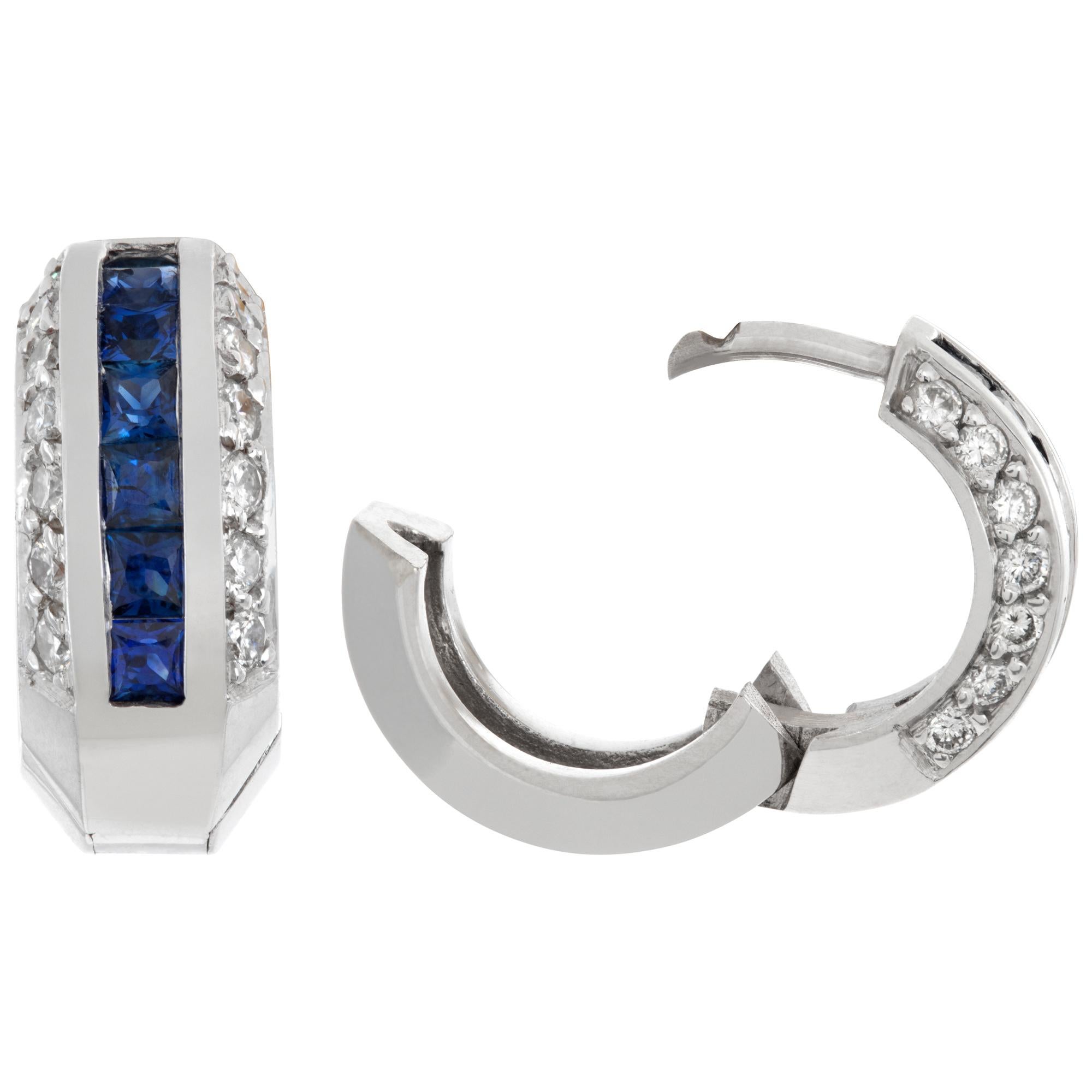 Women's Diamond & sapphire 18k white gold huggie earrings For Sale