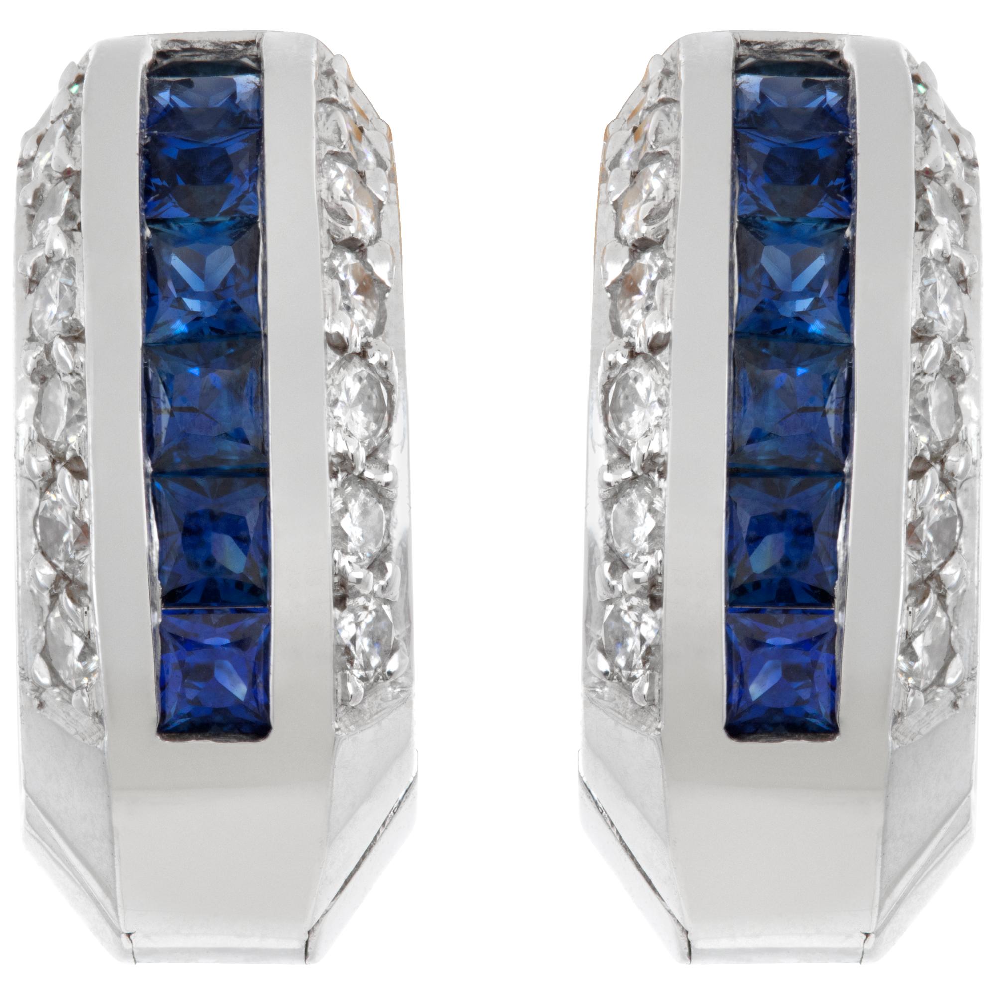 Diamond & sapphire 18k white gold huggie earrings For Sale