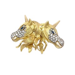 Diamond Sapphire 18k Yellow Gold Double-Unicorn Pin Brooch