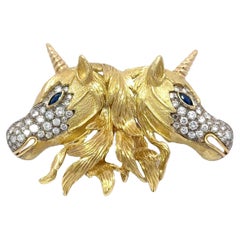 Diamond Sapphire 18k Yellow Gold Double-Unicorn Pin Brooch