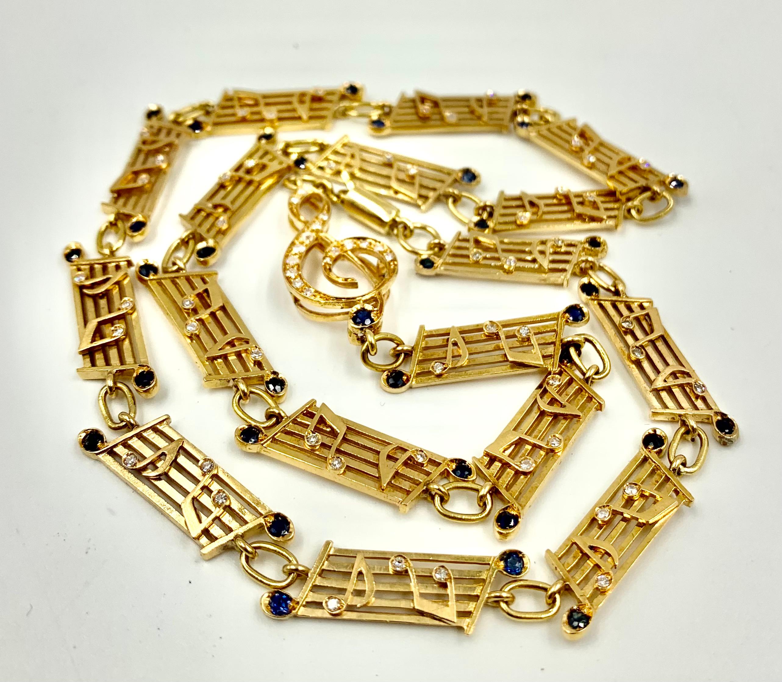 Musical Symbols Substantial 18K Yellow Gold Diamond Sapphire Statement Necklace For Sale 6