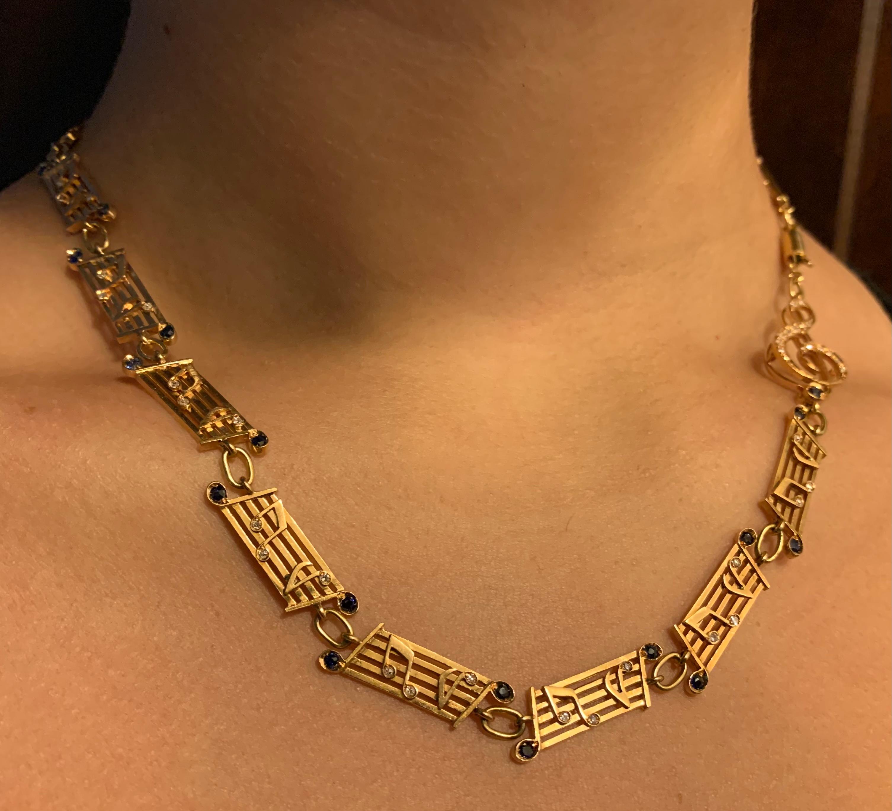 Musical Symbols Substantial 18K Yellow Gold Diamond Sapphire Statement Necklace For Sale 7