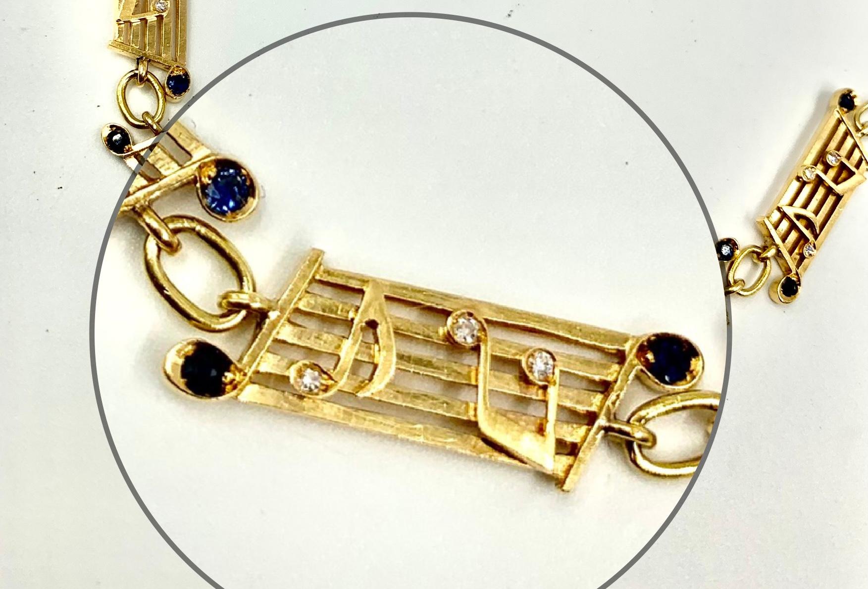 Mixed Cut Musical Symbols Substantial 18K Yellow Gold Diamond Sapphire Statement Necklace For Sale