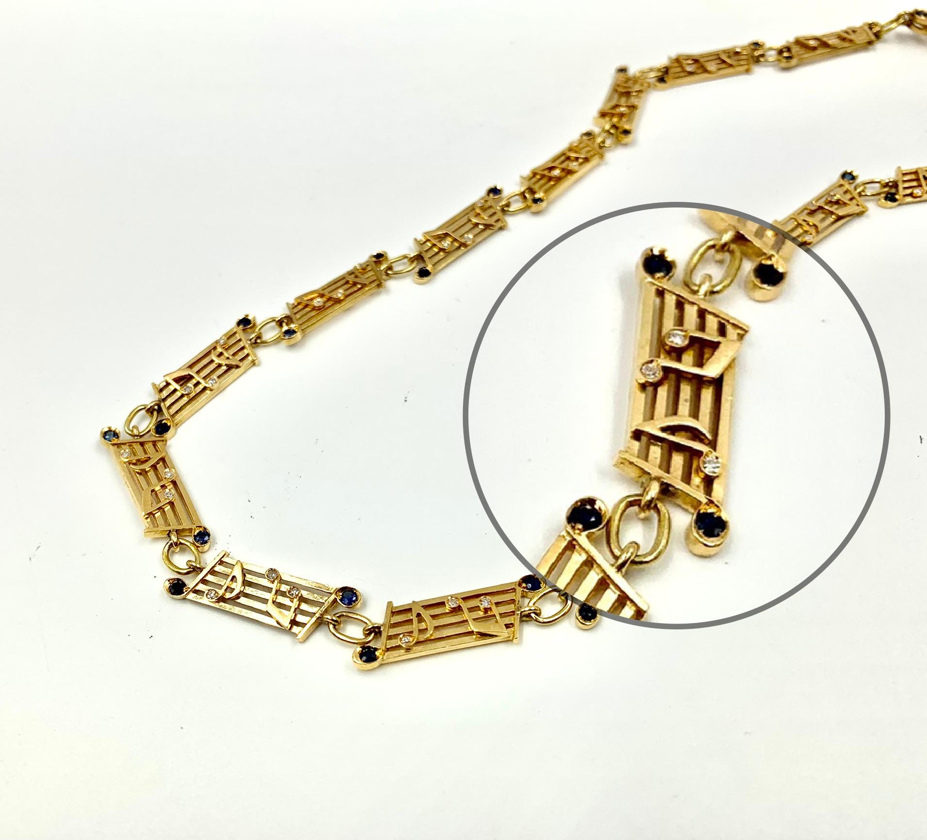 Musical Symbols Substantial 18K Yellow Gold Diamond Sapphire Statement Necklace In Good Condition For Sale In New York, NY