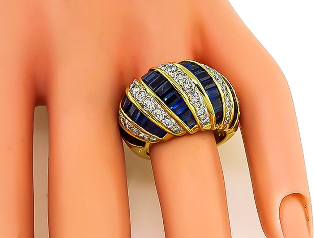 Women's or Men's Diamond Sapphire 18 Karat Yellow Gold Ring For Sale