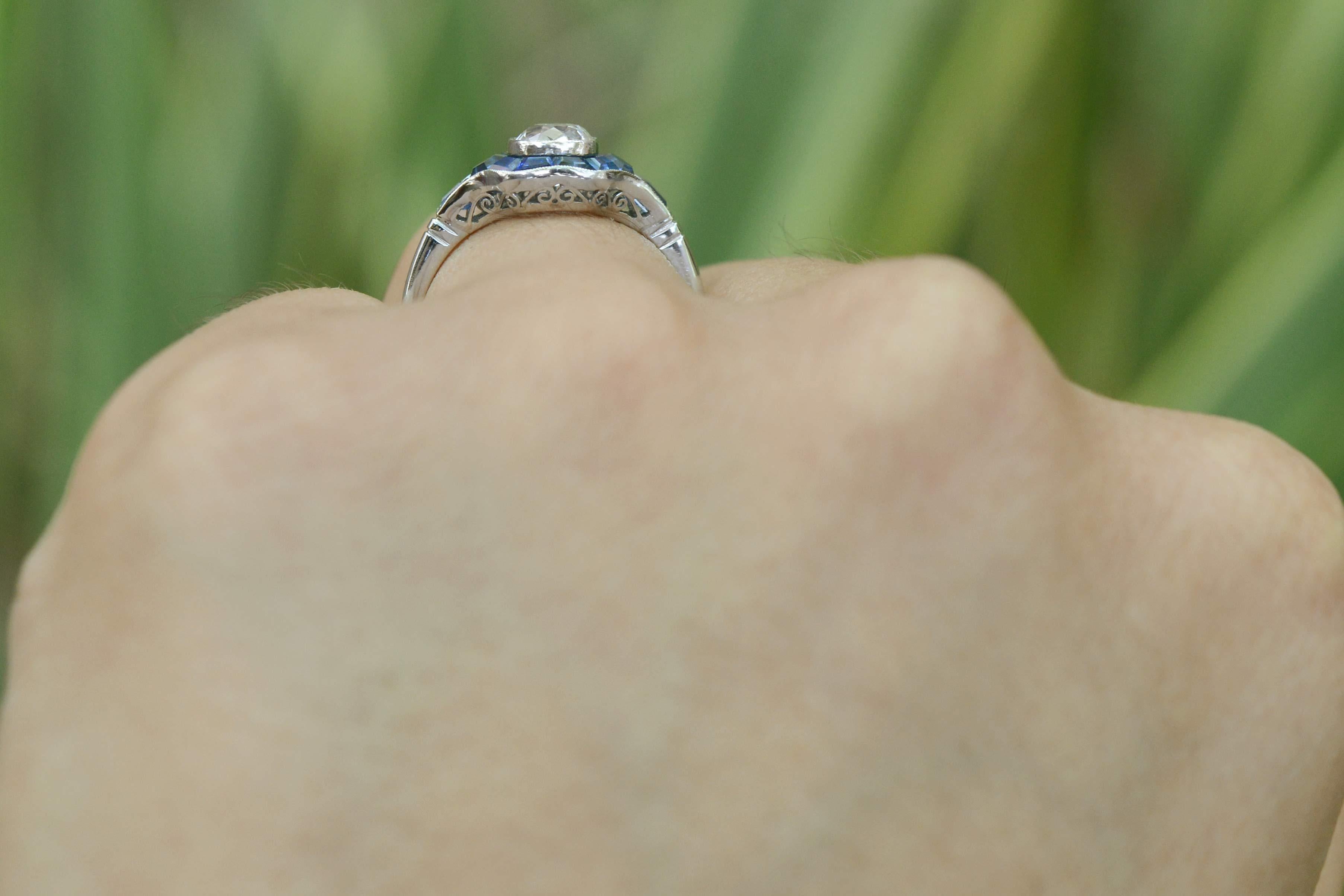 Art Deco Diamond & Sapphire Accent Engagement Ring For Sale