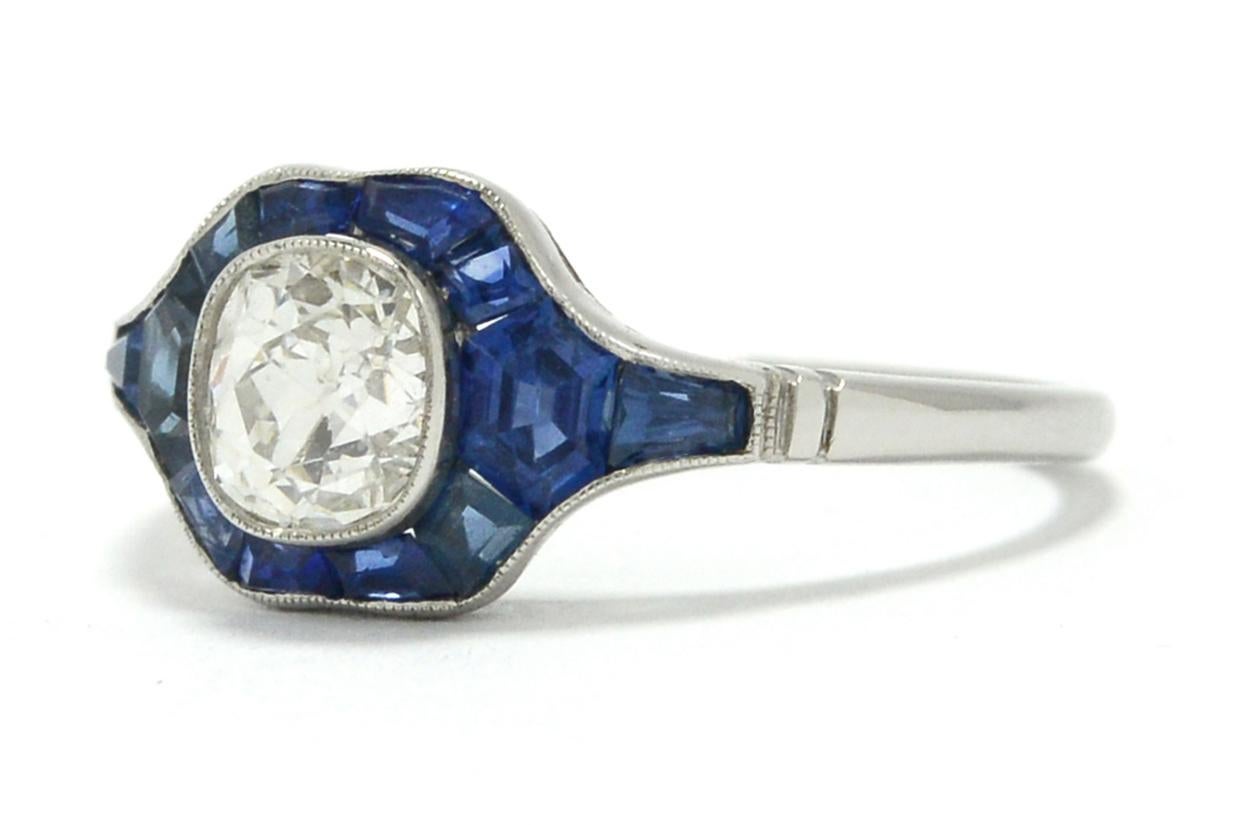 Art Deco Diamond & Sapphire Accent Engagement Ring For Sale