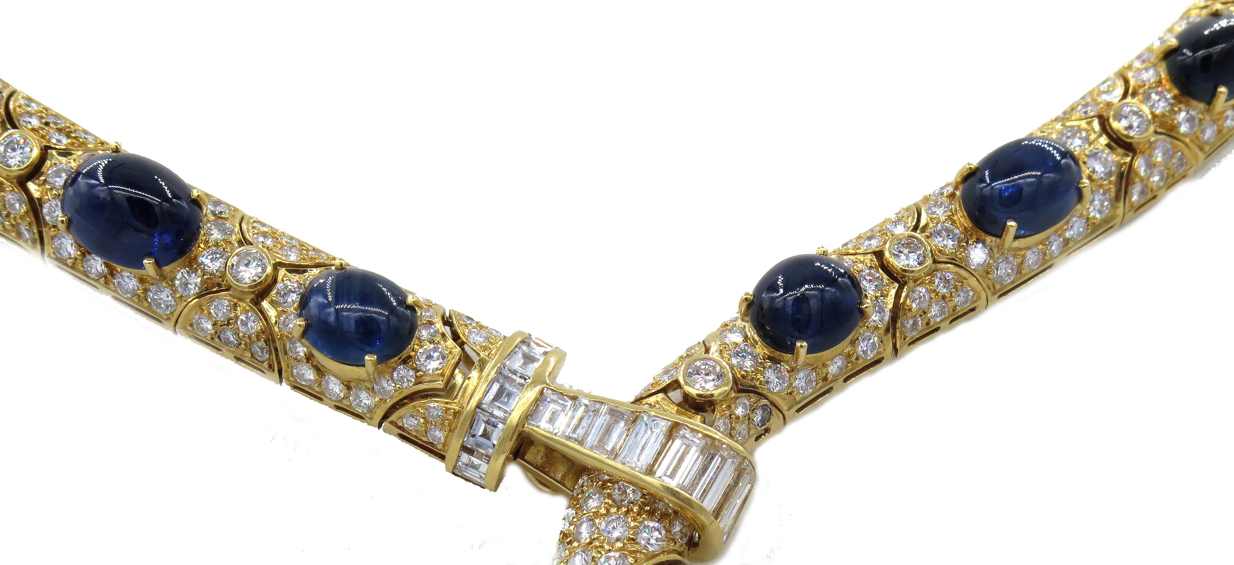 The intricate detail featured in the creation of this Diamond Sapphire Adjustable Necklace is just one of its many striking attributes. There are 25cts of sparkling white diamonds set into the stylish framework of 18k yellow gold. A cabochon cut