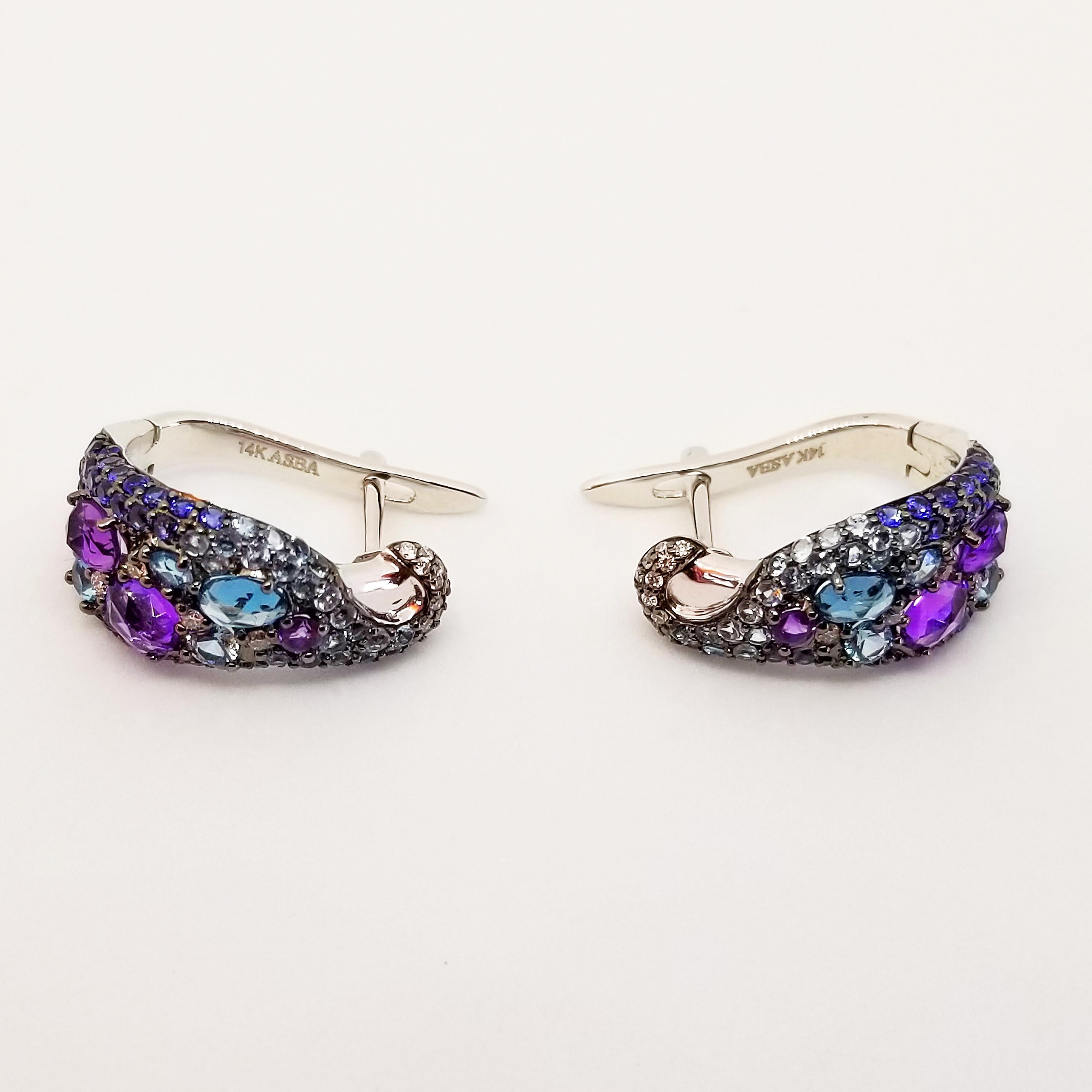 Diamant Saphir Amethyst ASBA Ombre Ohrringe Weißgold Schwarz Rhodium 14K (Rosenschliff) im Angebot