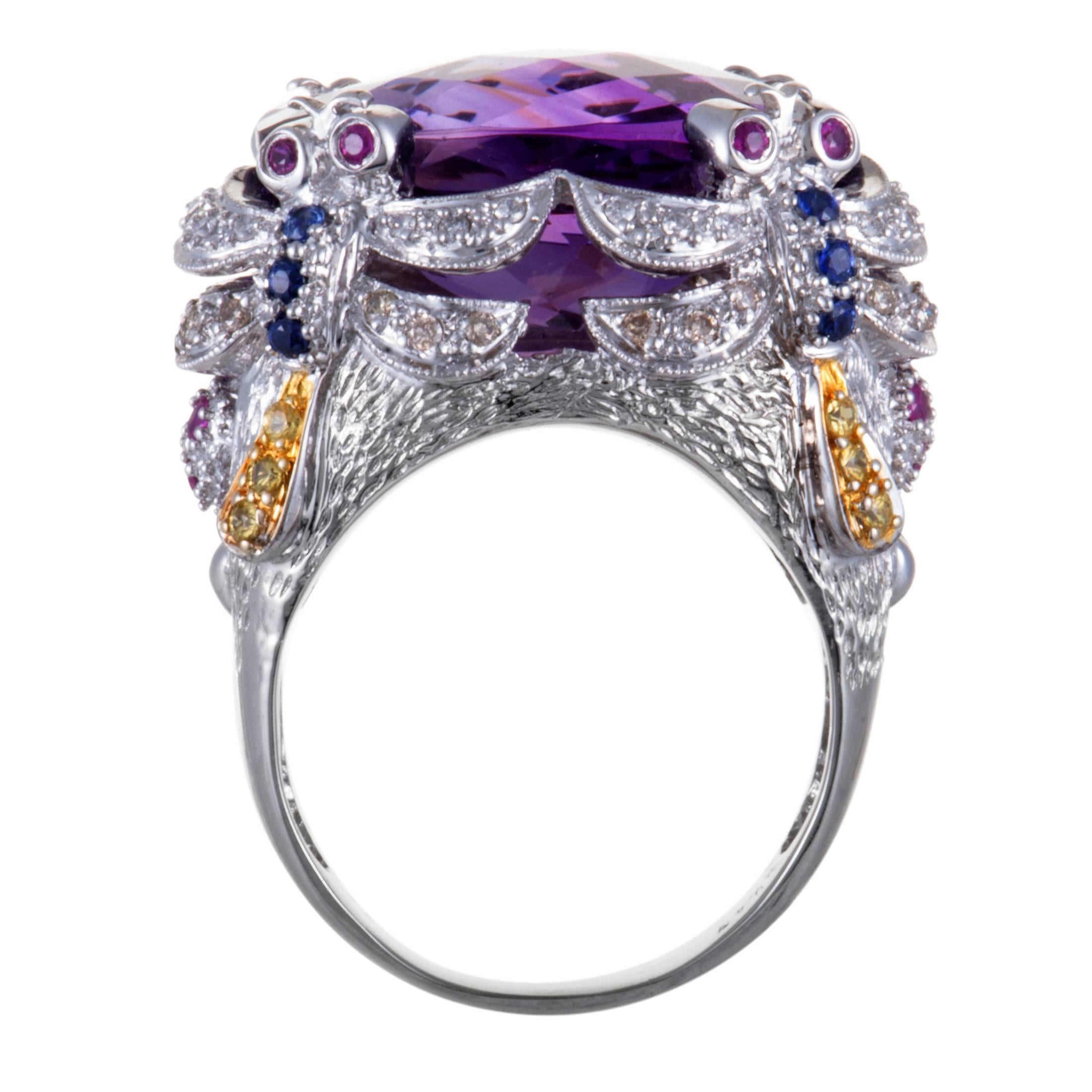 Diamond Sapphire and Amethyst Gold Cocktail Ring In Excellent Condition In Southampton, PA