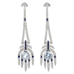 Diamond Sapphire and Aquamarine 18 Karat Aztec Chandelier Earrings