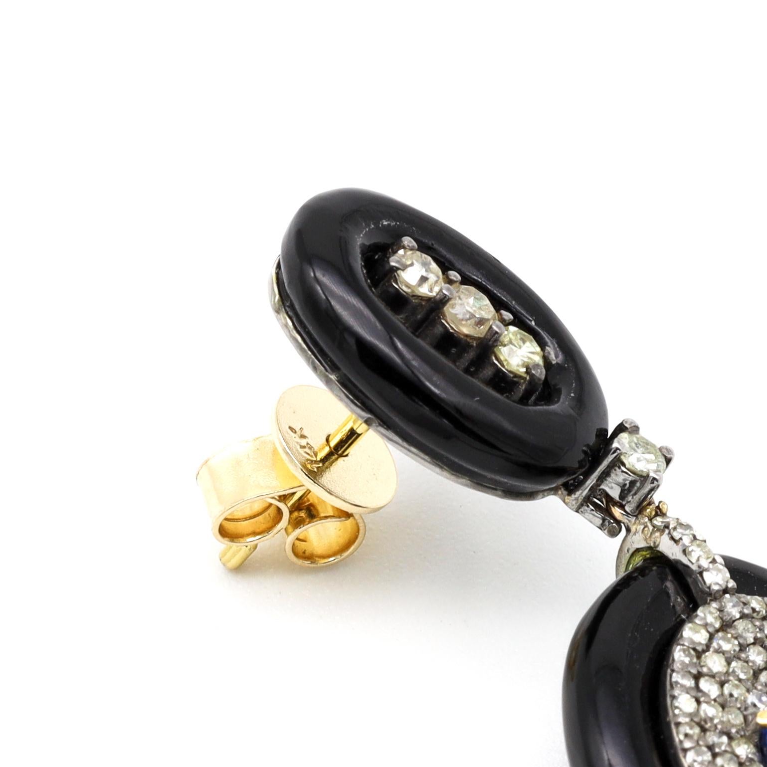 Oval Cut Diamond, Sapphire, and Black Onyx Drop Earrings