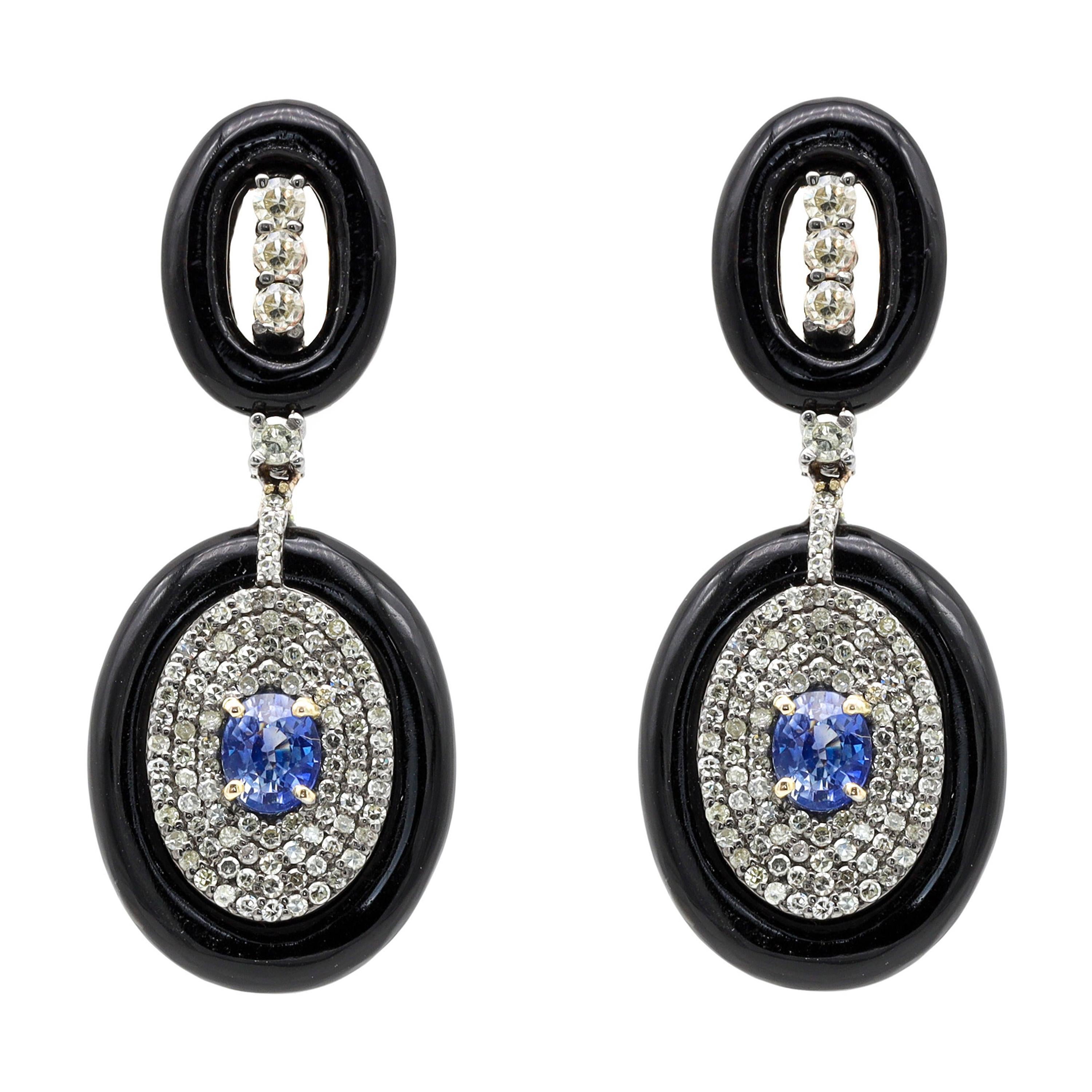 Diamond, Sapphire, and Black Onyx Drop Earrings