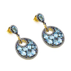 Diamond, Sapphire, and Blue Topaz Drop Earrings in Art-Deco Style