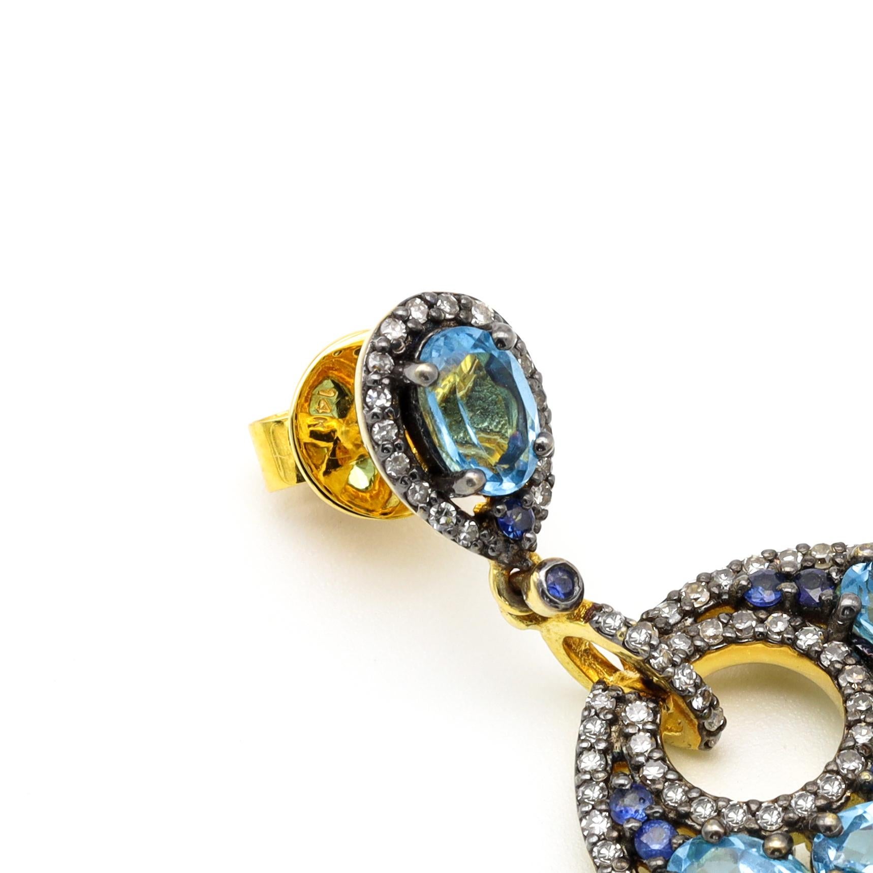 Modern Diamond, Sapphire, and Blue Topaz Drop Earrings in Art-Deco Style For Sale