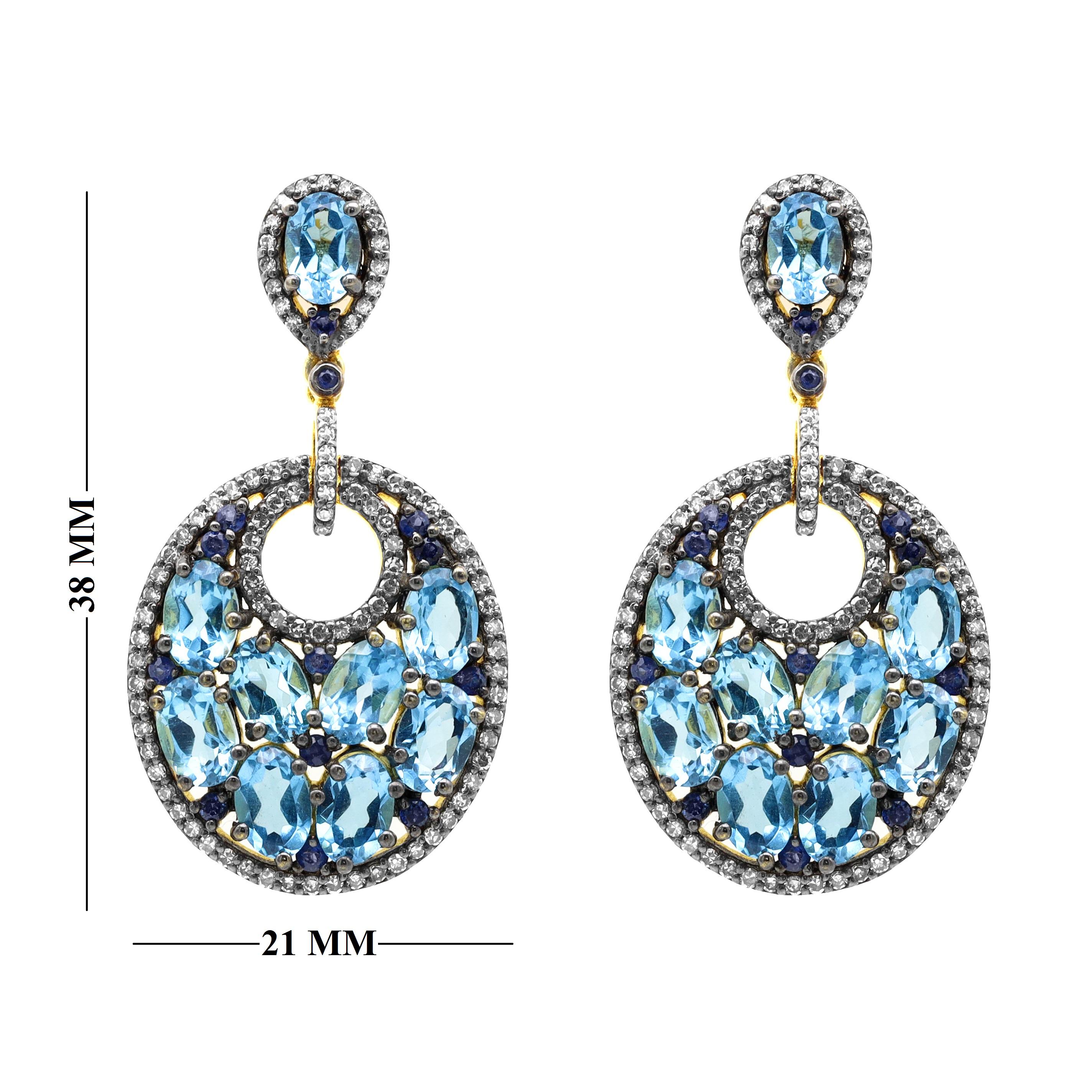 Oval Cut Diamond, Sapphire, and Blue Topaz Drop Earrings in Art-Deco Style For Sale