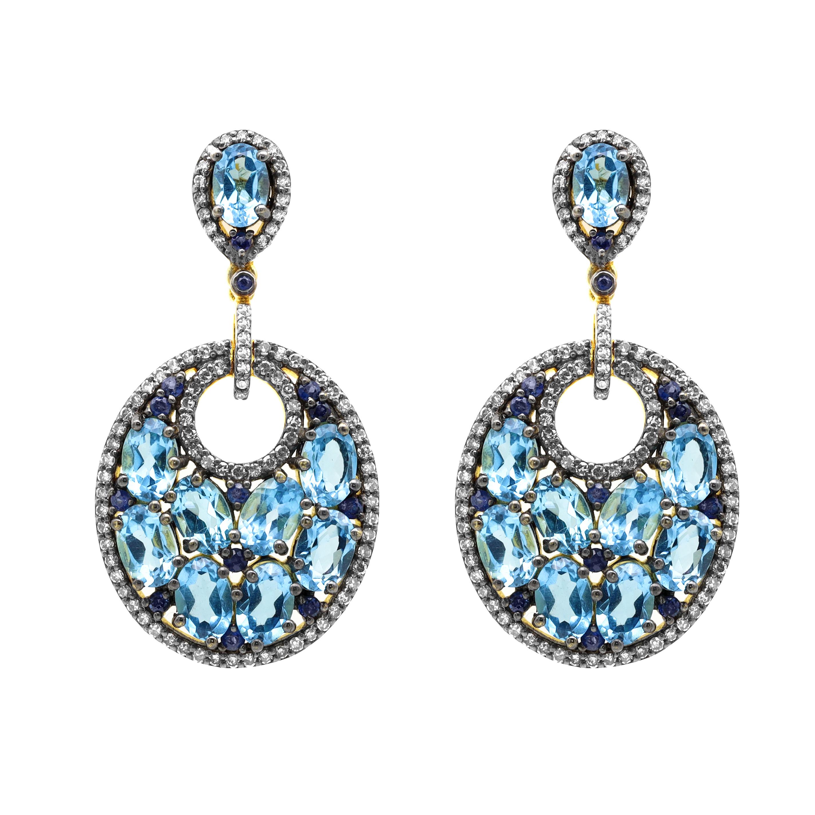 Diamond, Sapphire, and Blue Topaz Drop Earrings in Art-Deco Style In New Condition For Sale In Jaipur, IN