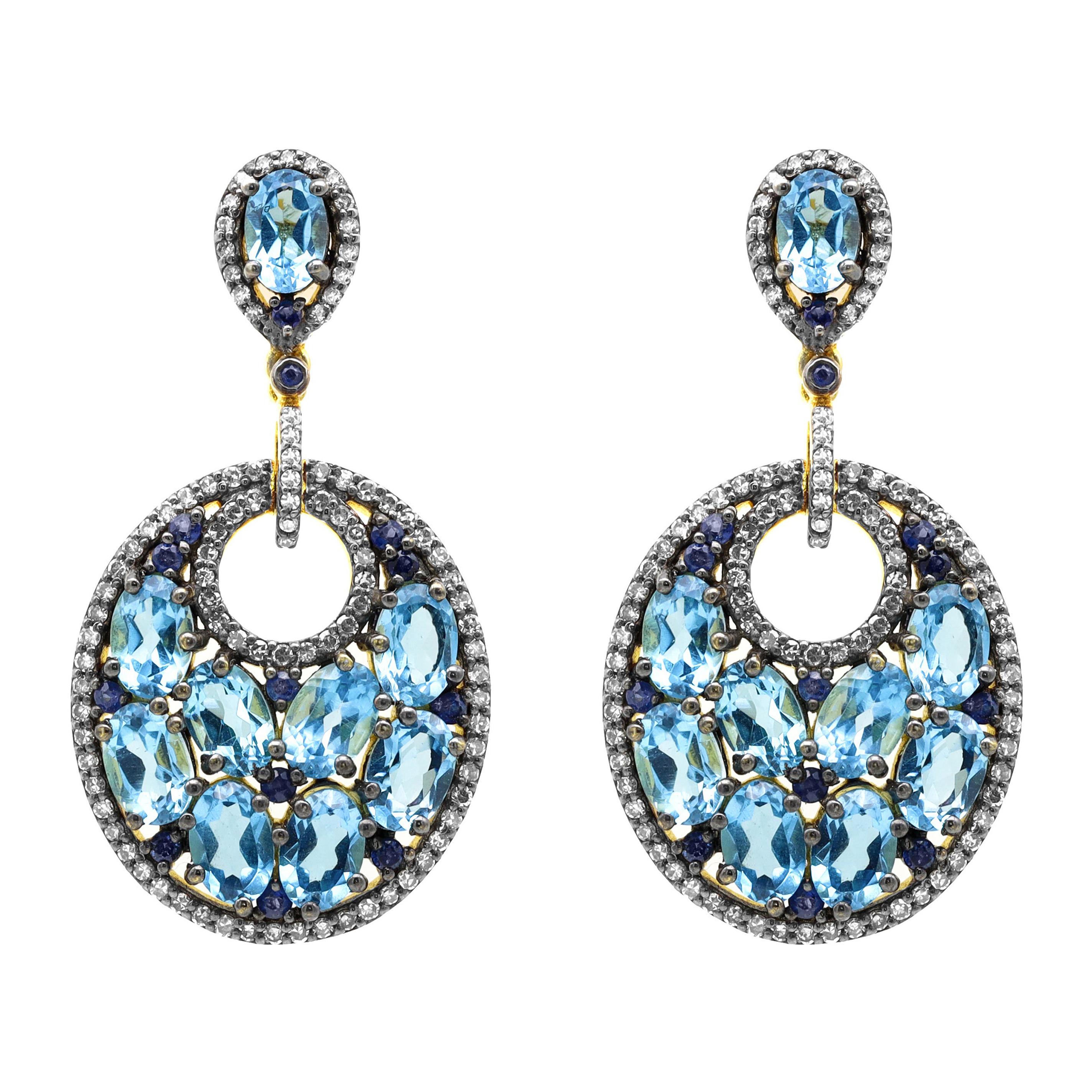 Diamond, Sapphire, and Blue Topaz Drop Earrings in Art-Deco Style
