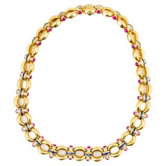Diamond, Sapphire and Cabochon Ruby Gold Link Necklace