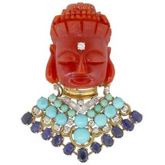 Diamond, Sapphire and Coral Buddha Inspired Pin Pendant