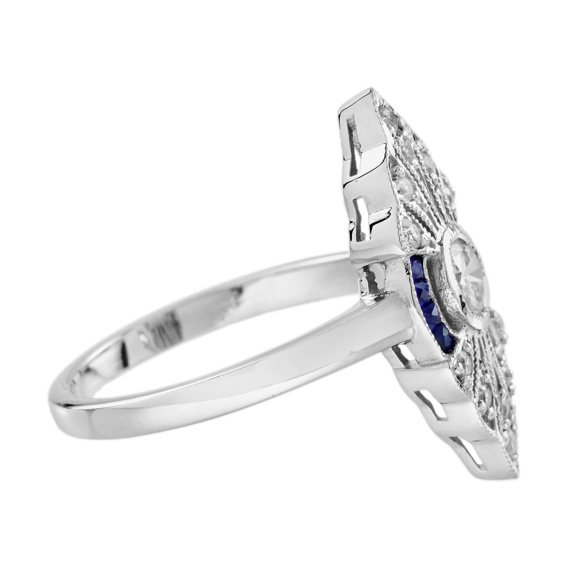 Round Cut Diamond Sapphire and Diamond Art Deco Style Engagement Ring in 18K White Gold For Sale
