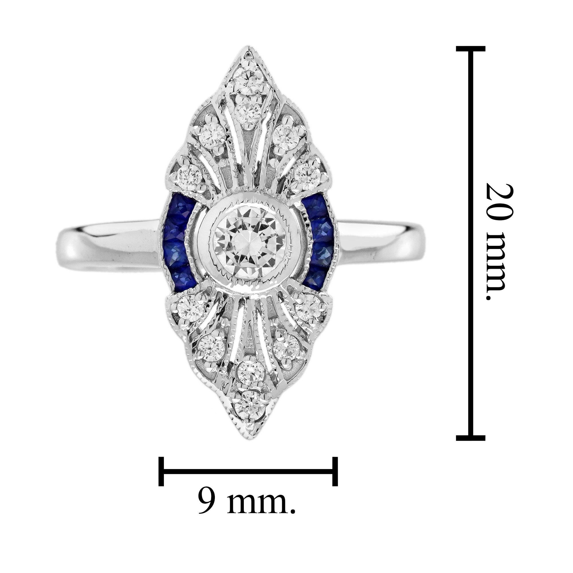 Diamond Sapphire and Diamond Art Deco Style Engagement Ring in 18K White Gold For Sale 1