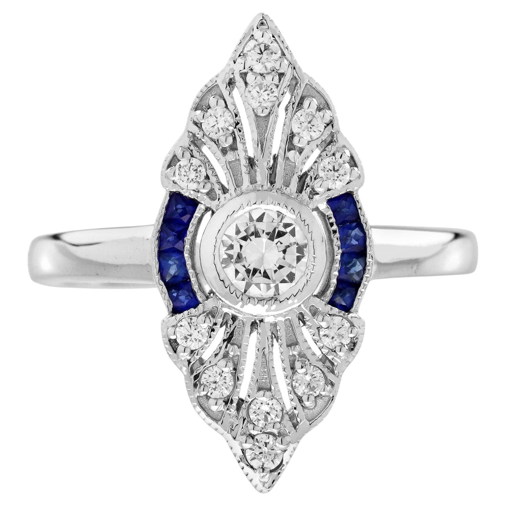 Diamond Sapphire and Diamond Art Deco Style Engagement Ring in 18K White Gold