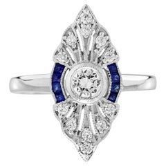 Diamond Sapphire and Diamond Art Deco Style Engagement Ring in 18K White Gold