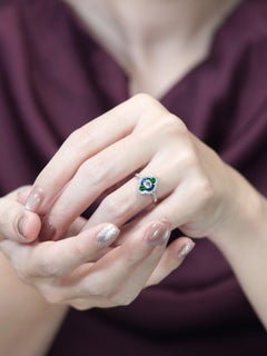Diamond Sapphire and Emerald Art Deco Style Engagement Ring in 18K White Gold