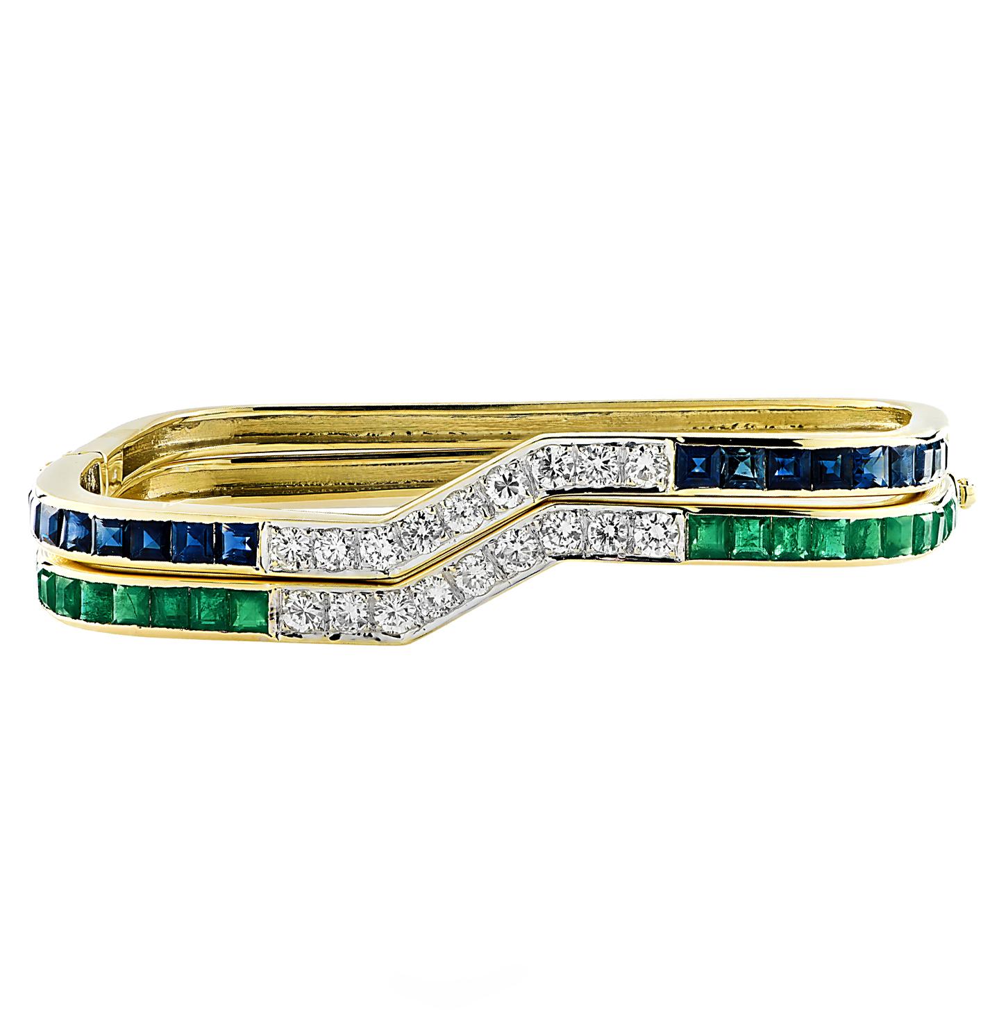 Round Cut Diamond, Sapphire and Emerald Bangle Set