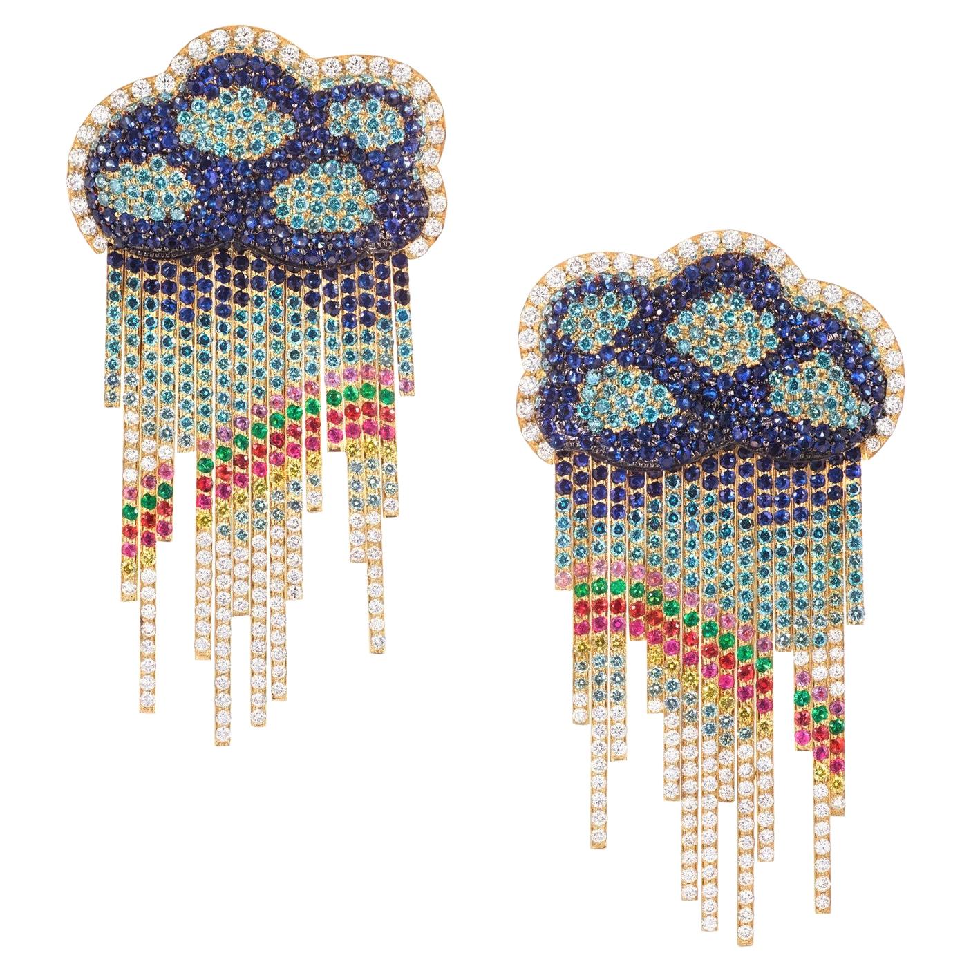 Rosior one-off earrings in Yellow Gold, Diamonds, Sapphires and Emeralds