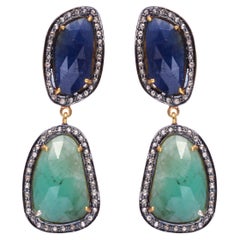 Diamond Sapphire and Emerald and Gold 925 sterling Silver Earring