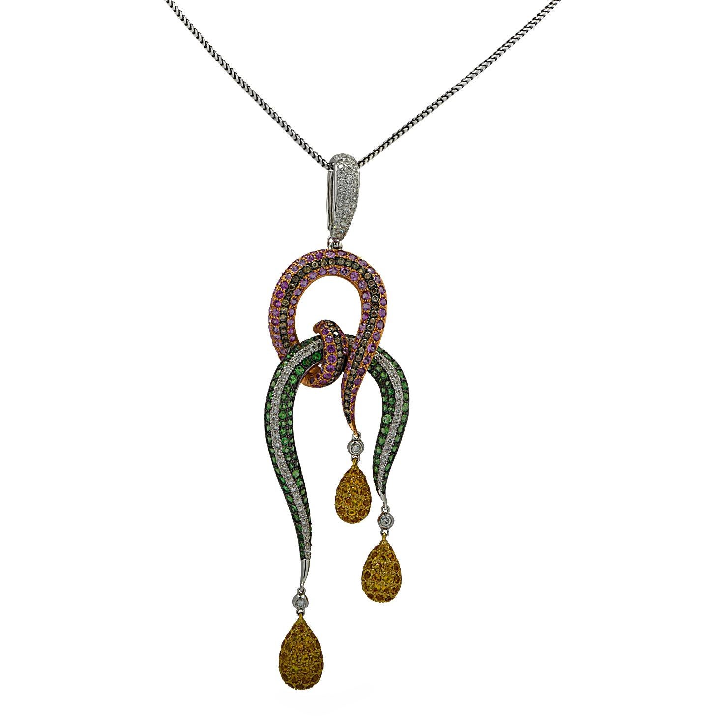 Modern Diamond, Sapphire and Emerald Necklace and Pendant