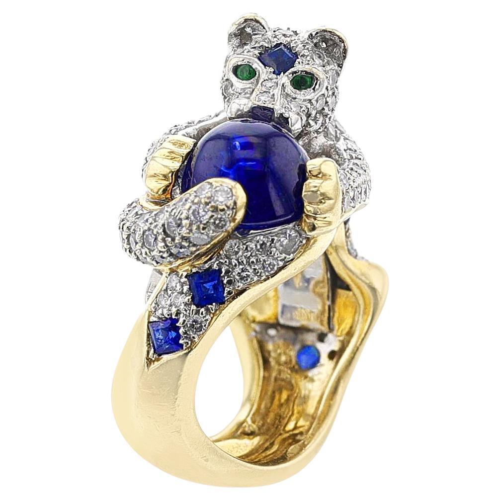 Diamond, Sapphire, and Emerald Panther Ring, 18 Karat Gold For Sale