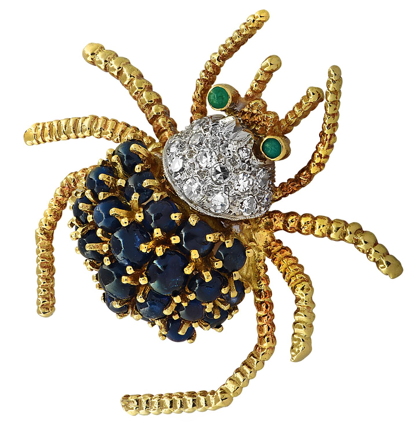 Modern Diamond, Sapphire and Emerald Spider Brooch Pin