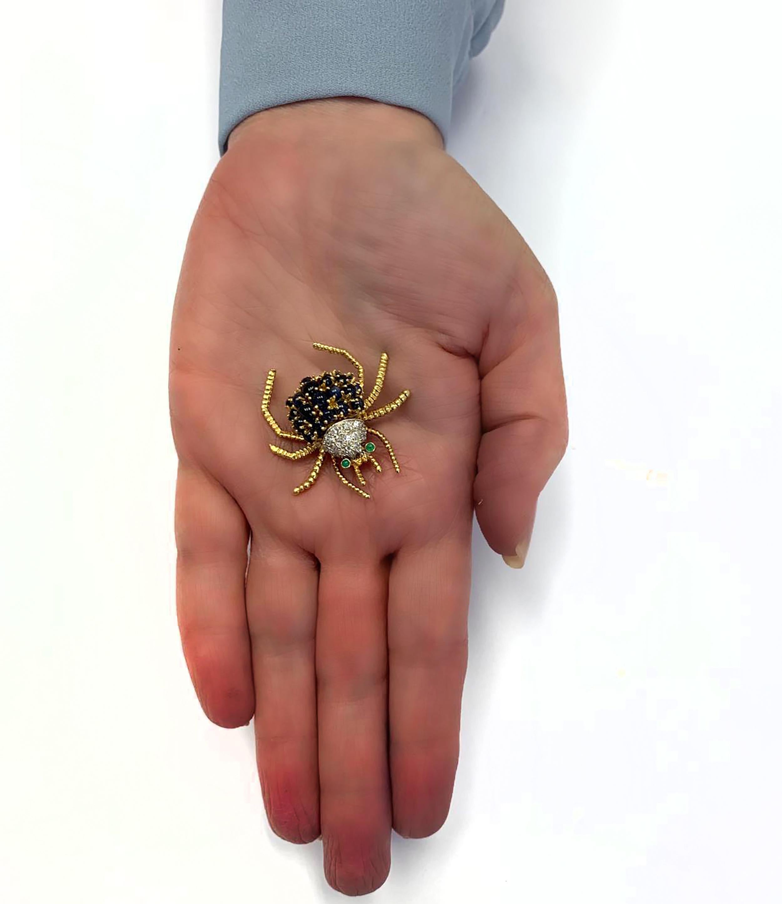 Diamond, Sapphire and Emerald Spider Brooch Pin In Good Condition In Miami, FL