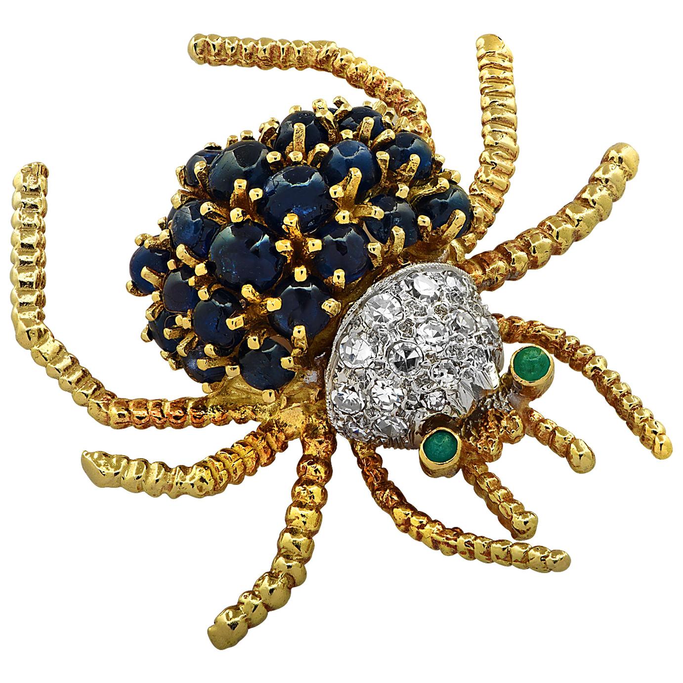 Diamond, Sapphire and Emerald Spider Brooch Pin