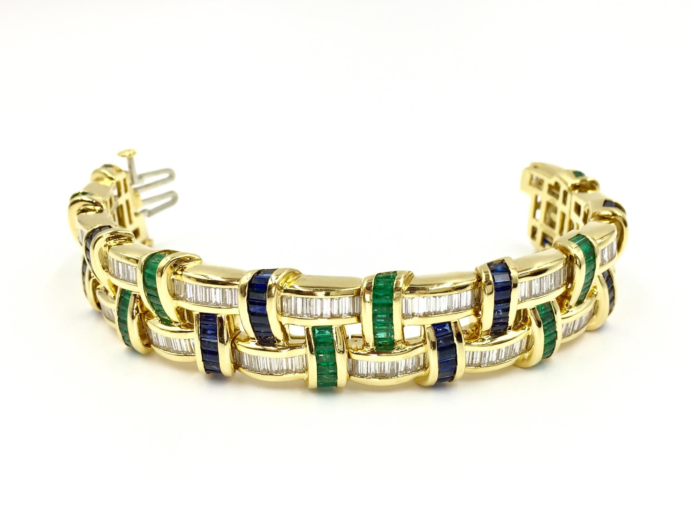 Contemporary Diamond, Sapphire and Emerald Wide 18 Karat Bracelet by Charles Krypell For Sale