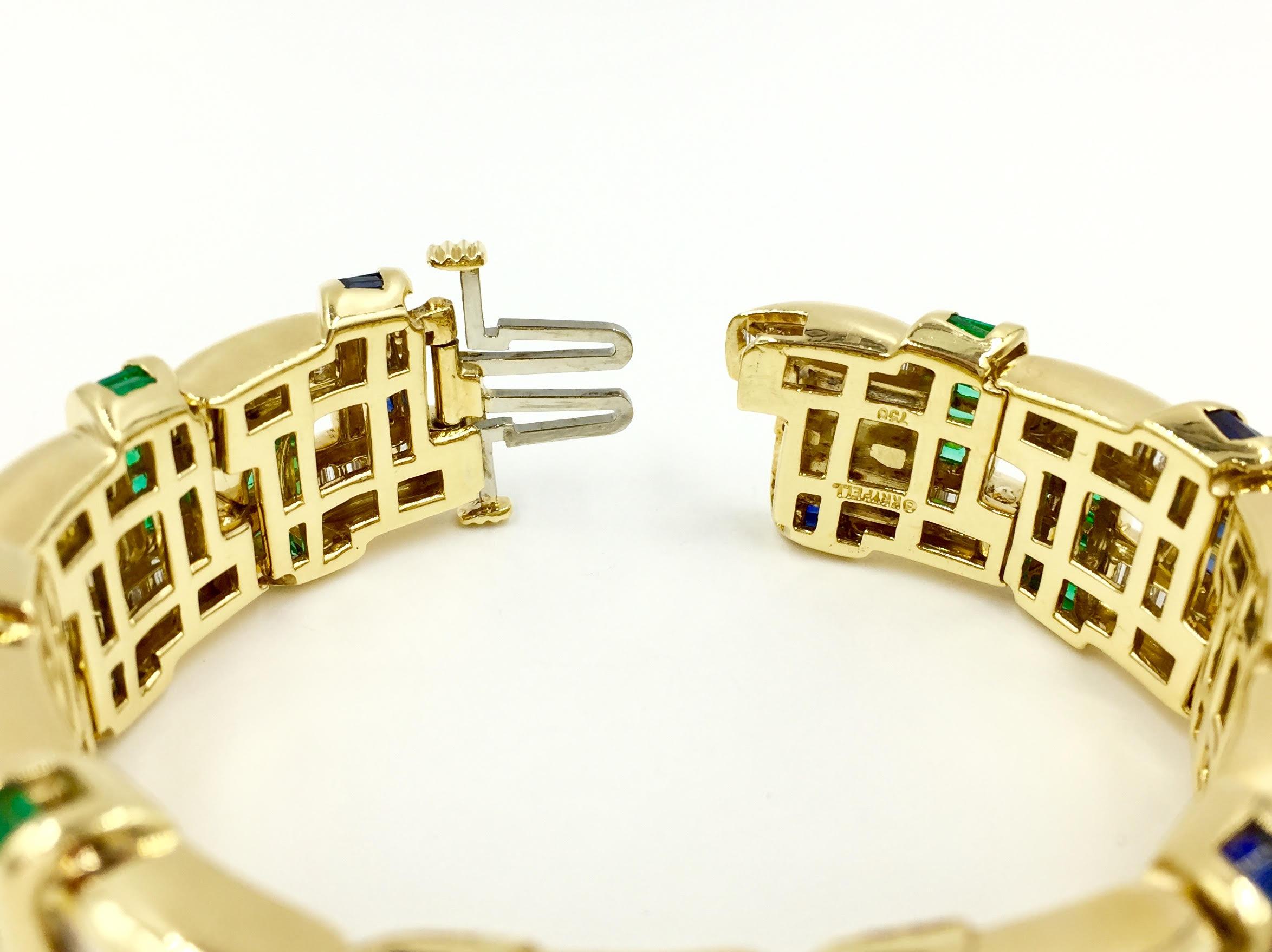 Baguette Cut Diamond, Sapphire and Emerald Wide 18 Karat Bracelet by Charles Krypell For Sale