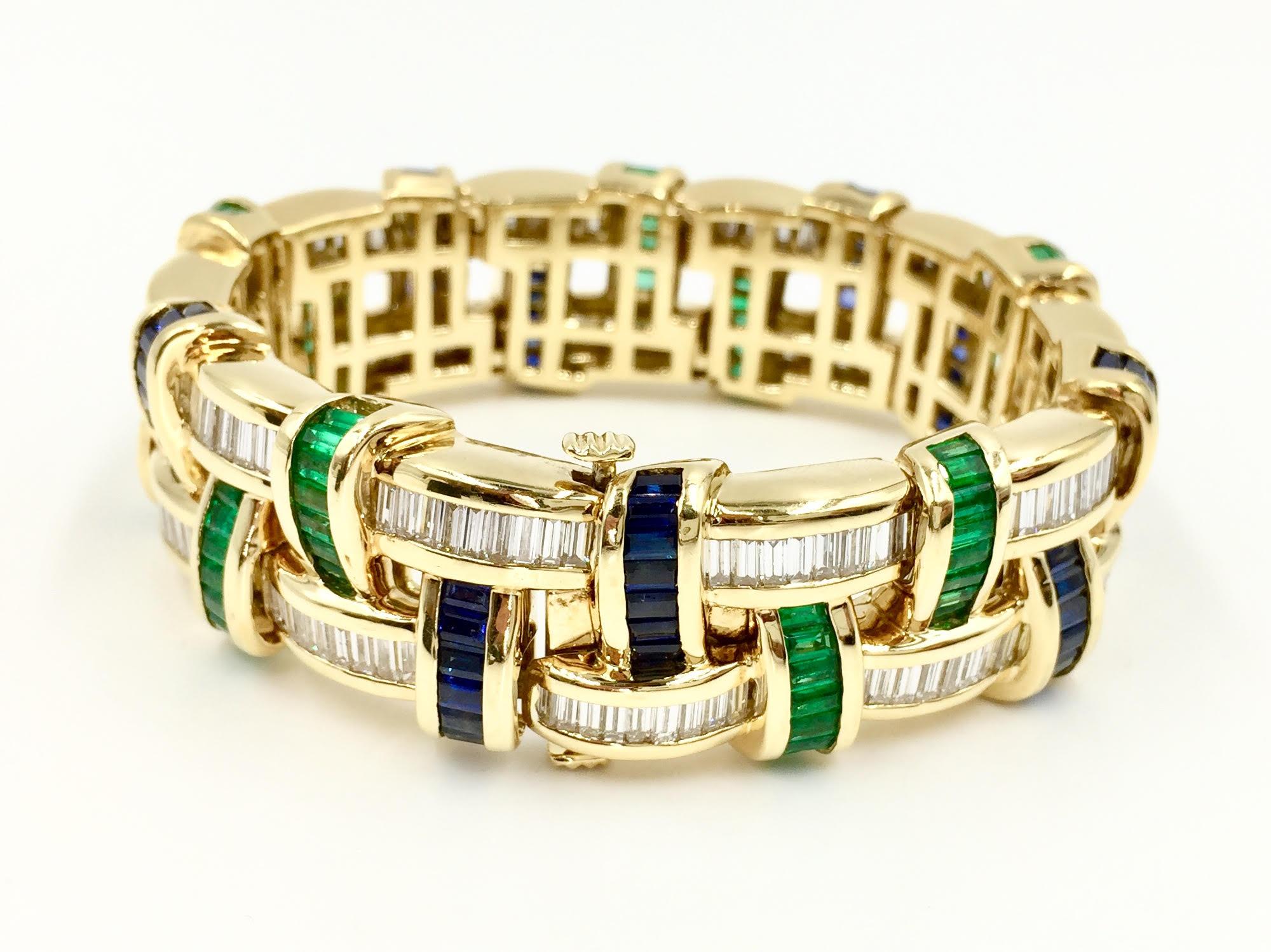 Women's Diamond, Sapphire and Emerald Wide 18 Karat Bracelet by Charles Krypell For Sale