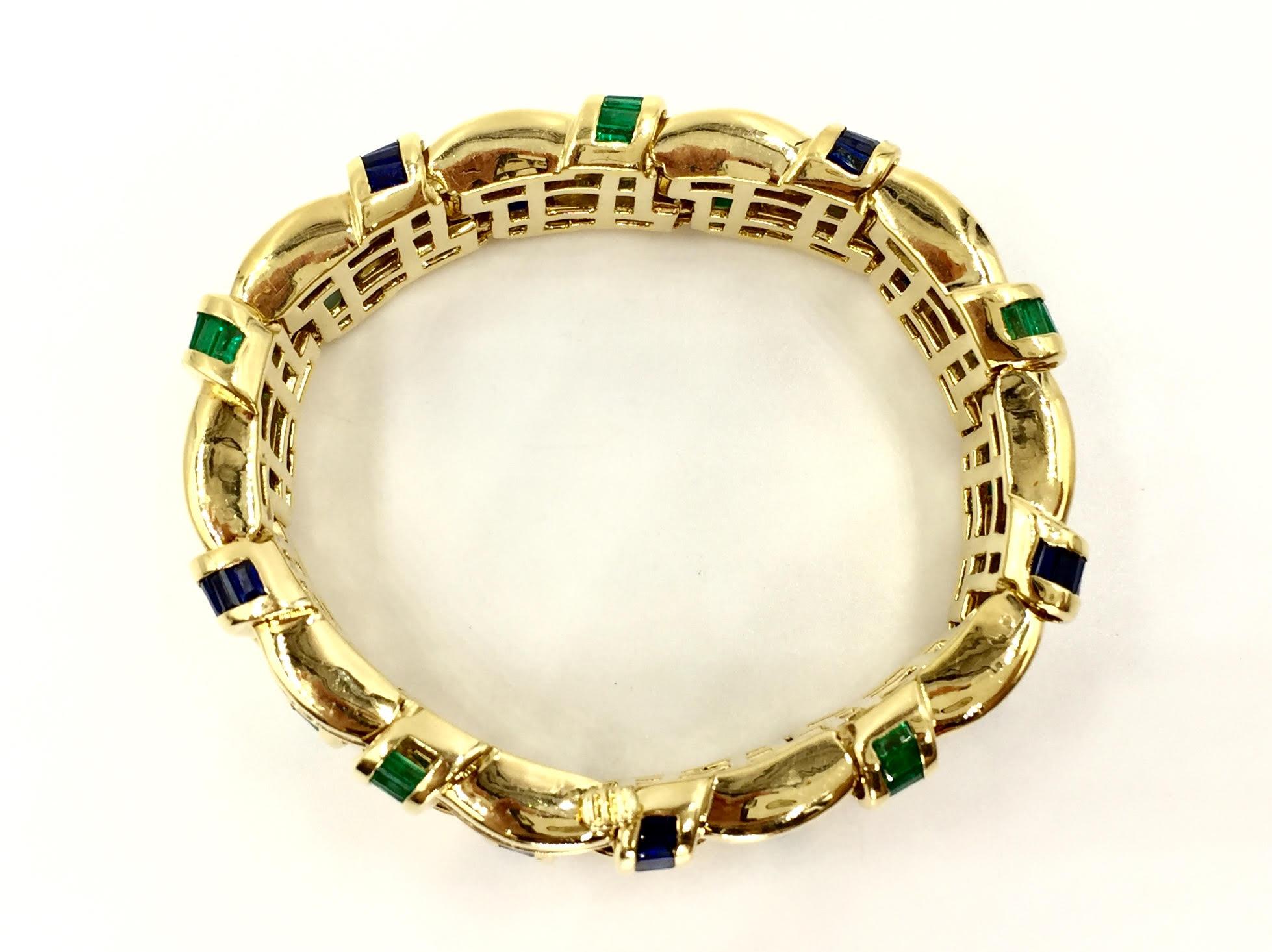 Diamond, Sapphire and Emerald Wide 18 Karat Bracelet by Charles Krypell For Sale 1