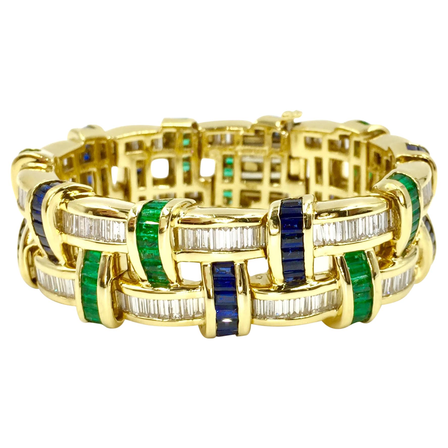 Diamond, Sapphire and Emerald Wide 18 Karat Bracelet by Charles Krypell For Sale