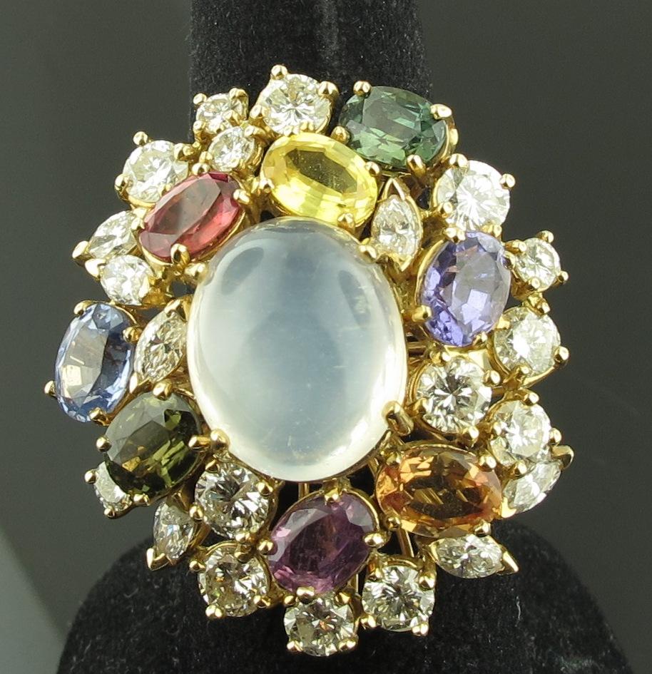 Diamond, Sapphire and Moon Stone Cocktail Ring, set in 14 karat yellow gold 1