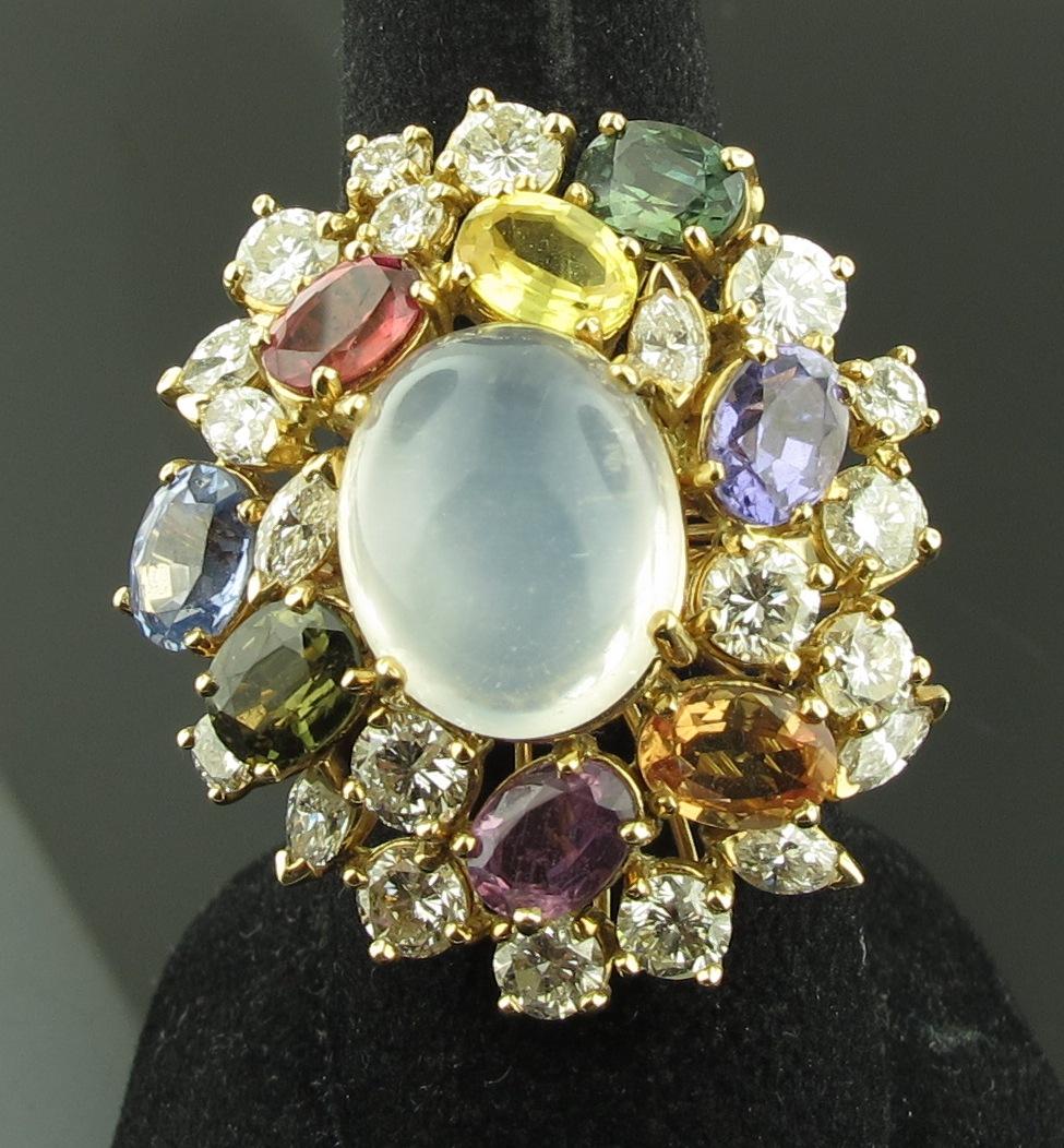 Diamond, Sapphire and Moon Stone Cocktail Ring, set in 14 karat yellow gold 2