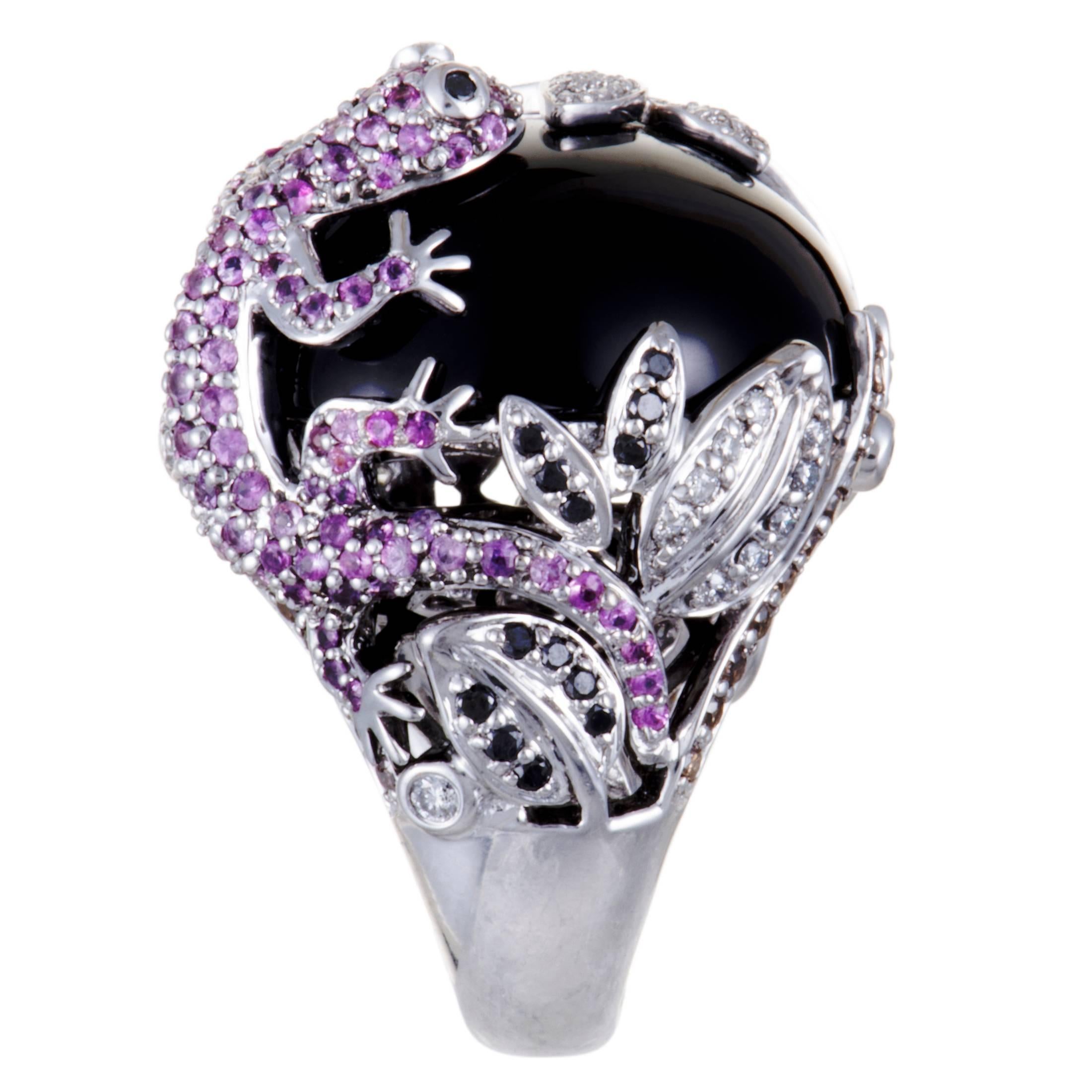 Diamond Sapphire and Onyx White Gold Lizard Dragonfly Ring In Excellent Condition In Southampton, PA