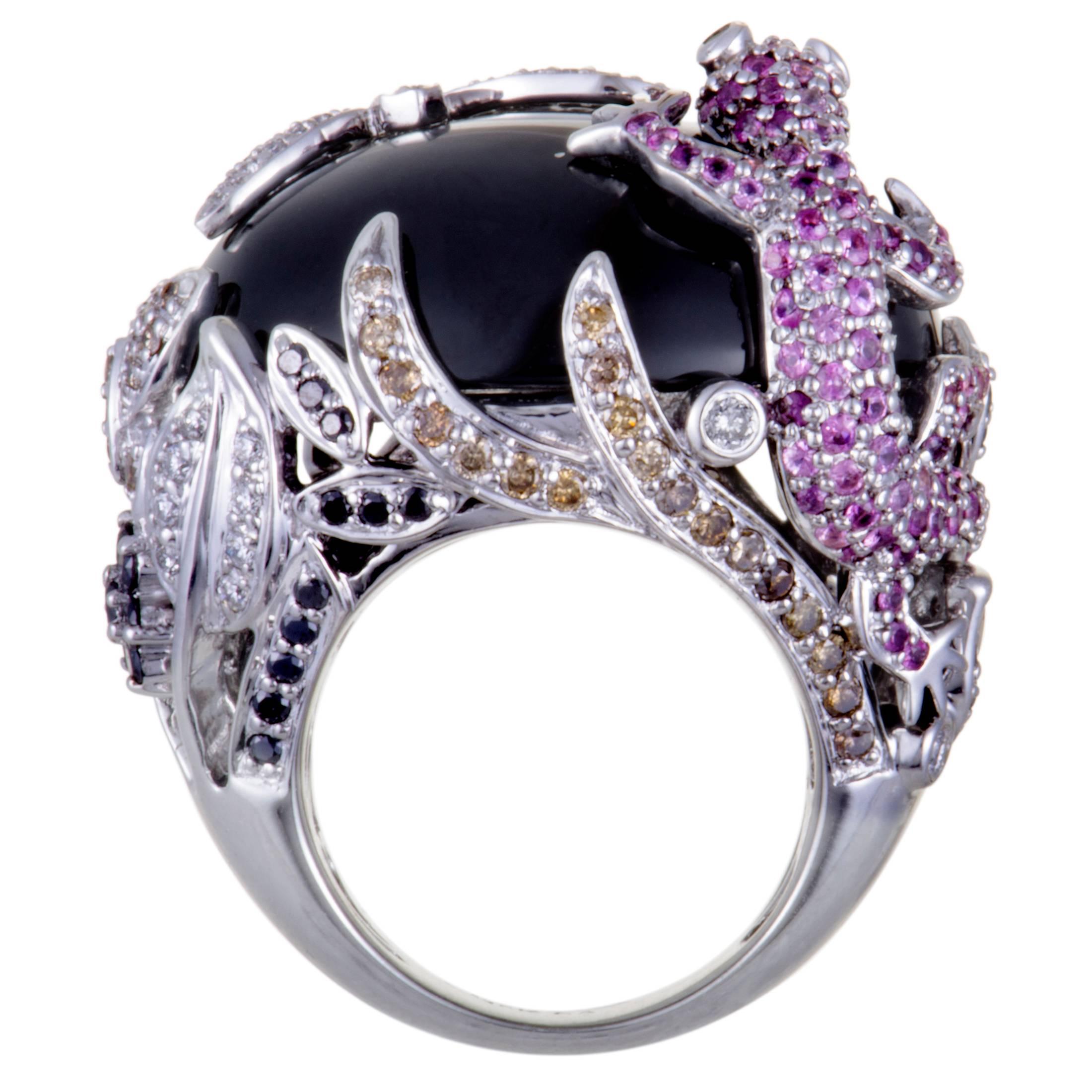 Women's Diamond Sapphire and Onyx White Gold Lizard Dragonfly Ring