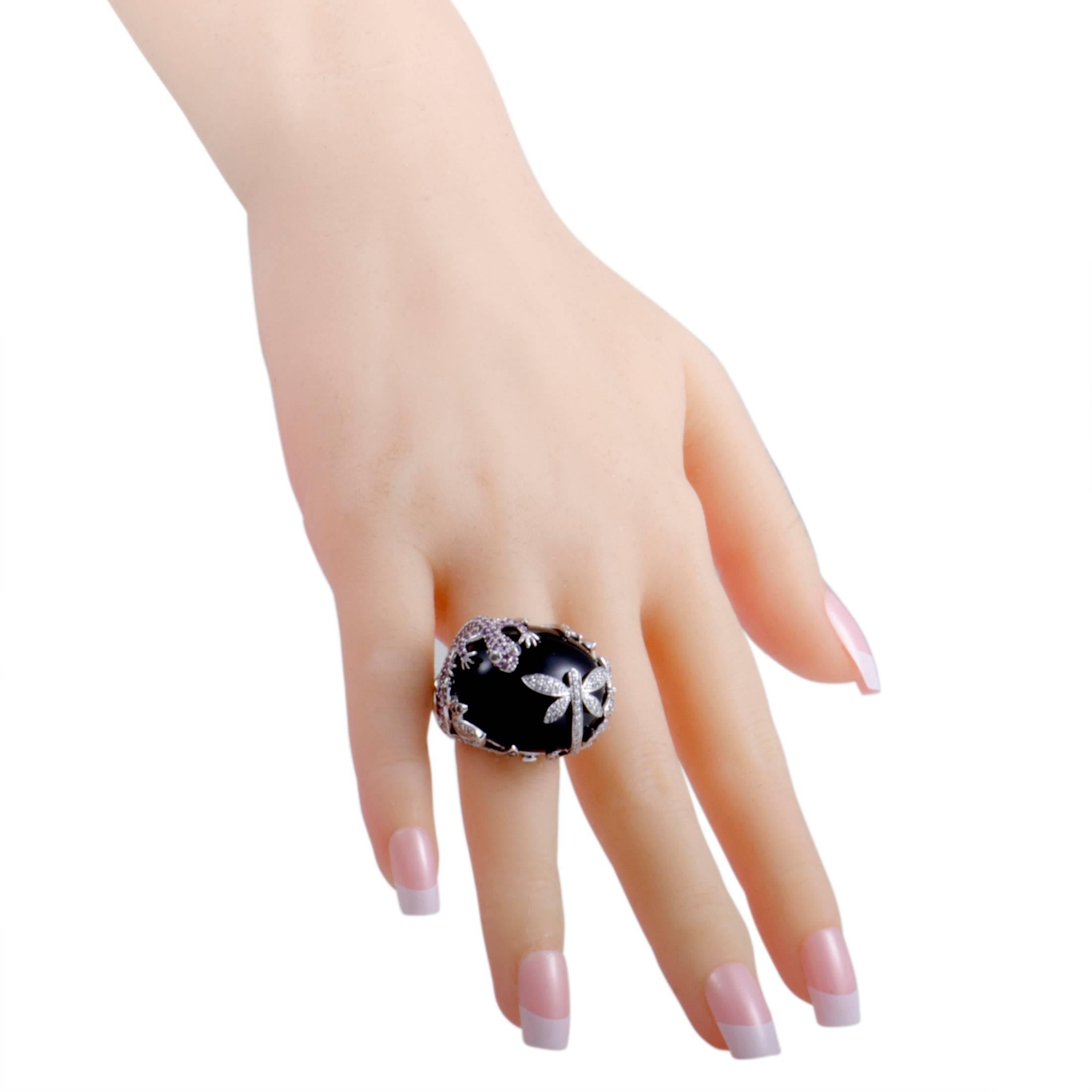 Diamond Sapphire and Onyx White Gold Lizard Dragonfly Ring 1