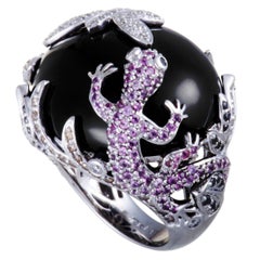 Diamond Sapphire and Onyx White Gold Lizard Dragonfly Ring